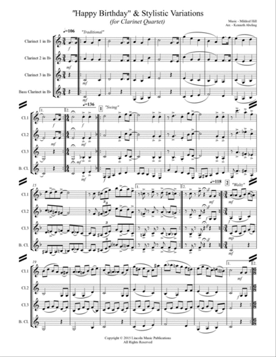 Happy Birthday and Stylistic Variations (for Clarinet Quartet) Clarinet Quartet scores gallery preview page 2