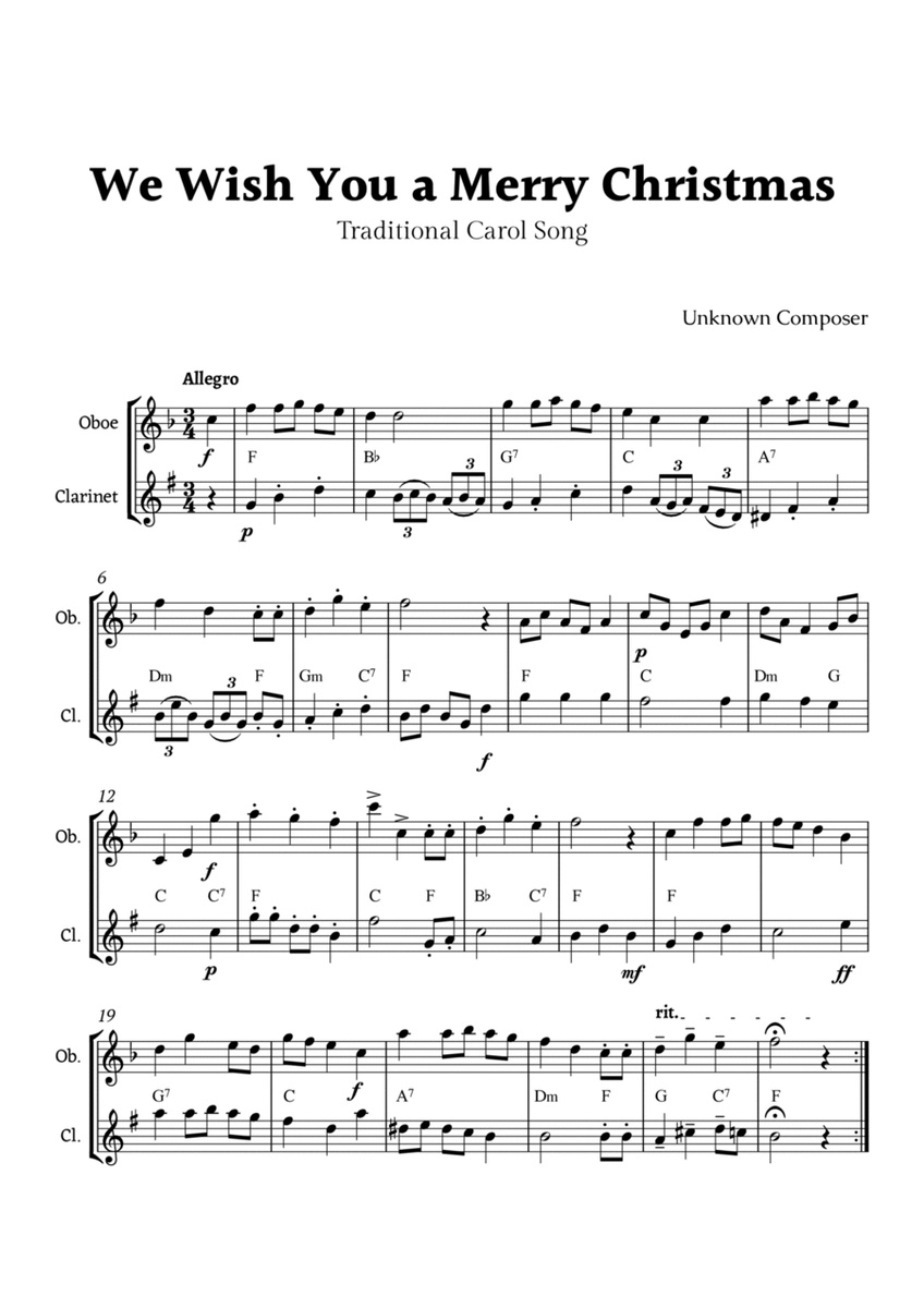 We Wish you a Merry Christmas for Oboe and Clarinet Duet with Chords image number null