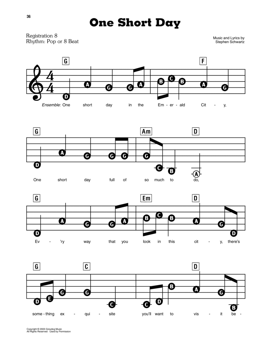 One Short Day (from Wicked) Electronic Keyboard scores gallery preview page 1