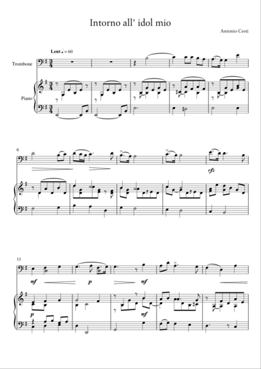 Antonio Cesti - Intorno all idol mio (Piano and Trombone) Piano, Vocal, Guitar scores gallery preview page 2