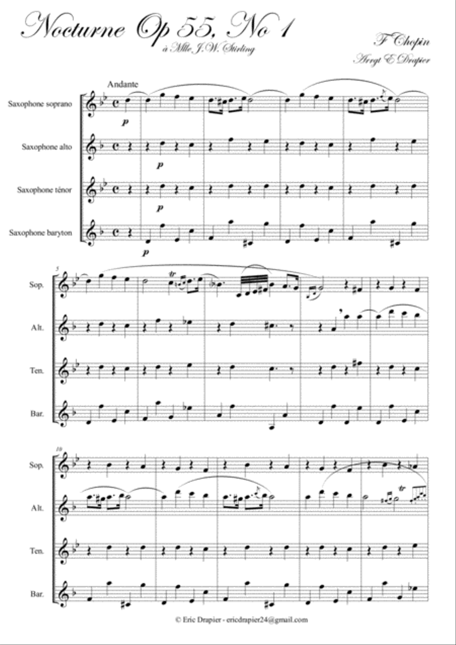 Nocturne - F. Chopin (Op55 N1) for SAX Quartet (SATB) Saxophone Quartet scores gallery preview page 1