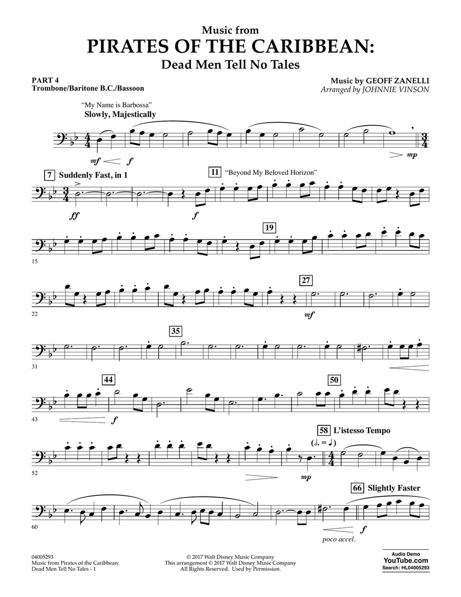 Music from Pirates of the Caribbean: Dead Men Tell No Tales - Pt.4 - Trombone/Bar. B.C./Bsn. Concert Band scores gallery preview page 1
