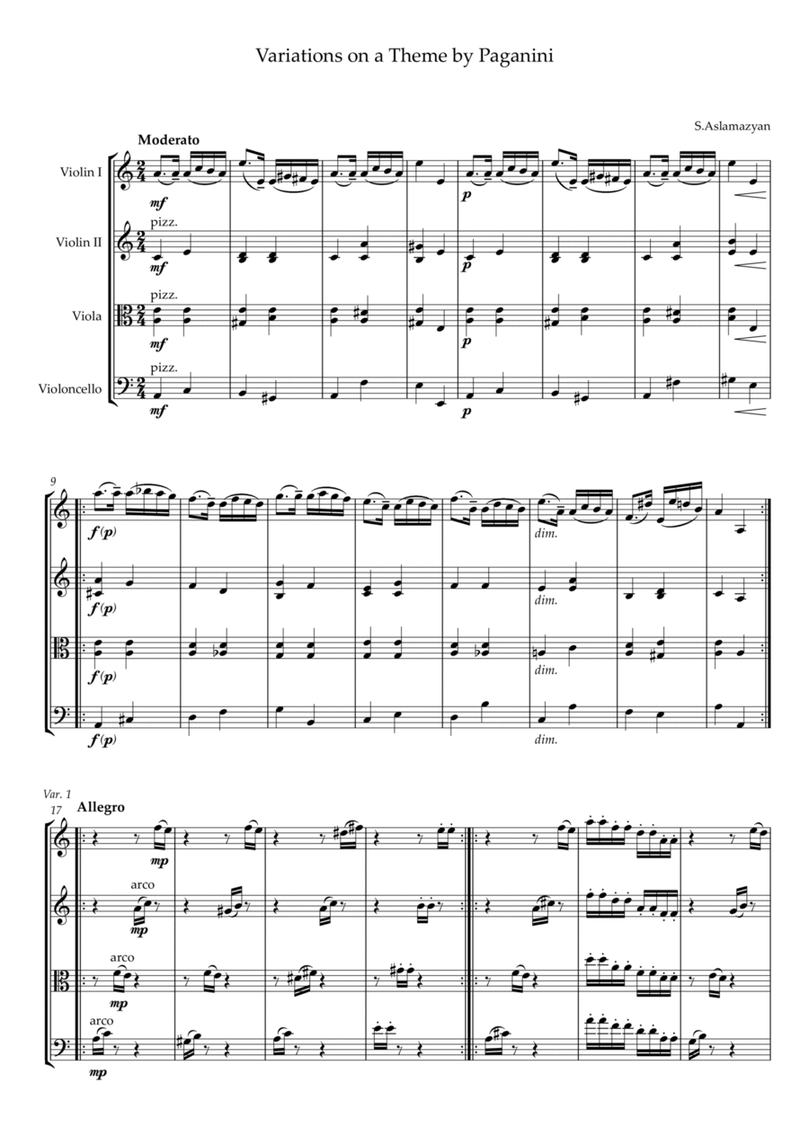 Variations on a Theme by Paganini String Quartet scores gallery preview page 1