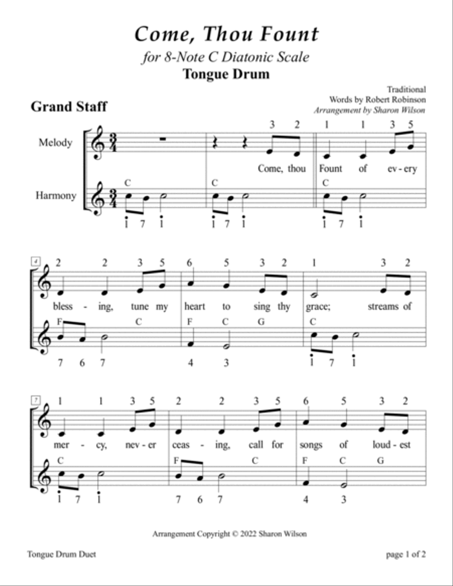 Come, Thou Fount of Every Blessing (for 8-note C major diatonic scale Tongue Drum) Percussion scores gallery preview page 5