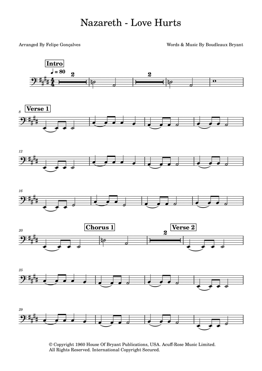 Love Hurts Bass Guitar scores gallery preview page 1