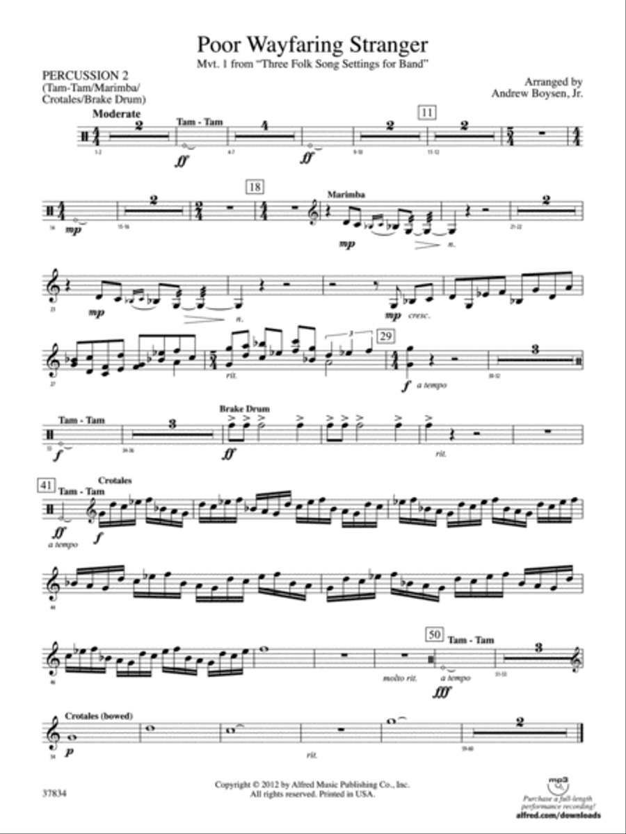 Poor Wayfaring Stranger: 2nd Percussion Concert Band scores gallery preview page 1