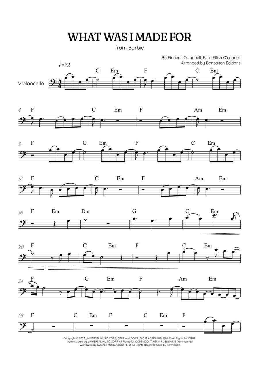 What Was I Made For? Cello Solo scores gallery preview page 1