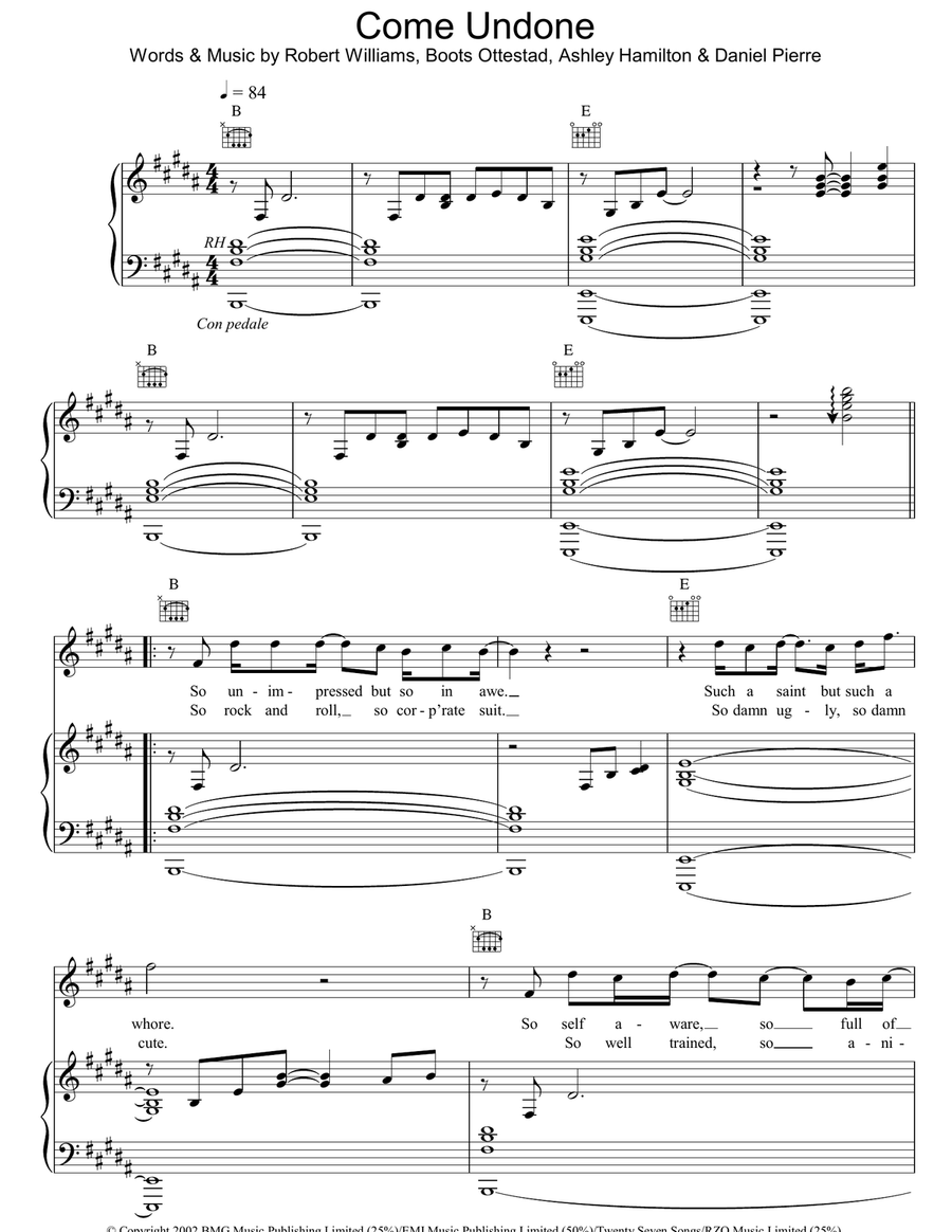 Come Undone Come Undone Piano, Vocal, Guitar scores gallery preview page 1