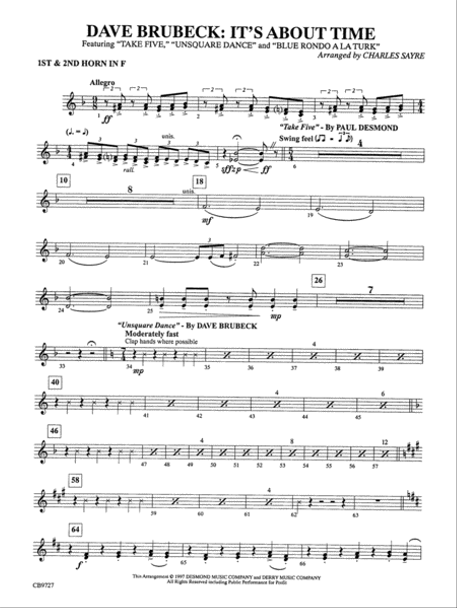 Dave Brubeck: It's About Time: 1st & 2nd F Horns Concert Band scores gallery preview page 1