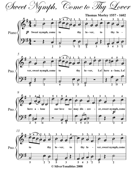 Sweet Nymph Come to Thy Lover Easy Piano Sheet Music