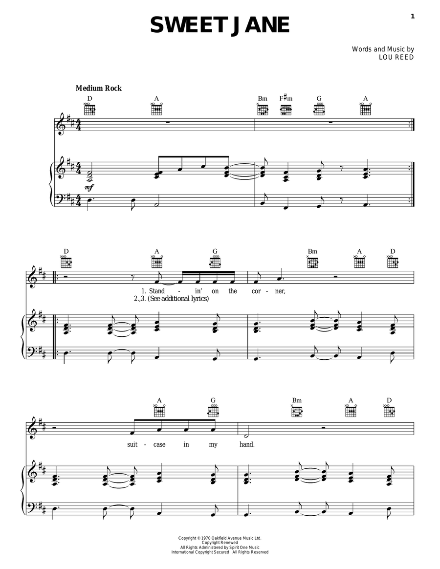 Sweet Jane Piano, Vocal, Guitar scores gallery preview page 1