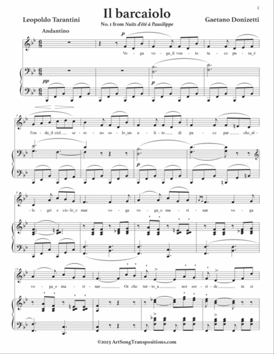 DONIZETTI: Il barcaiolo (transposed to B-flat major) Voice scores gallery preview page 2