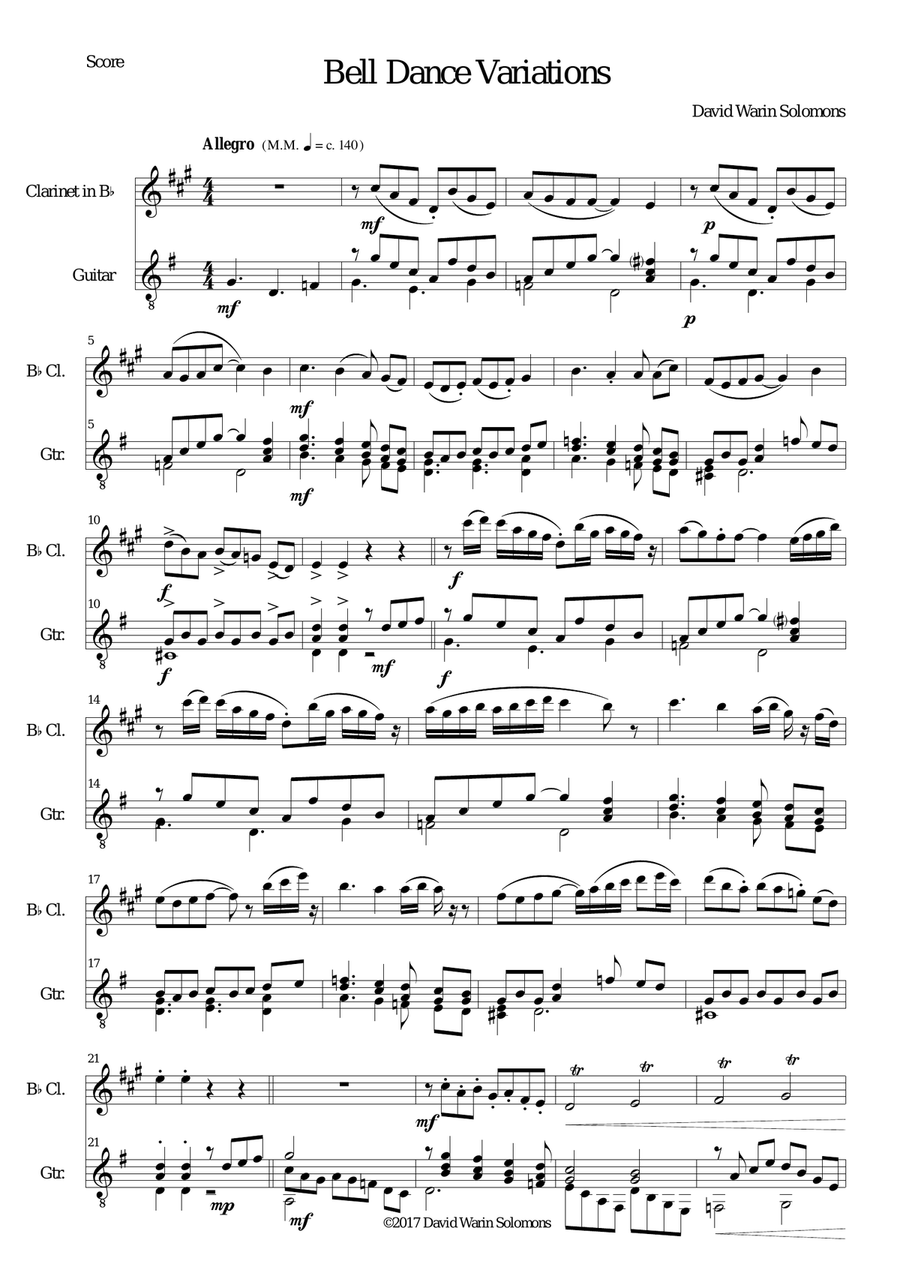 Bell Dance Variations for clarinet and guitar Clarinet scores gallery preview page 1