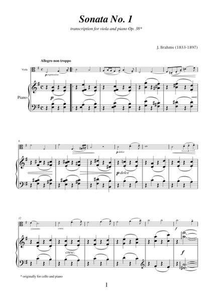 Sonata No.1 in E minor Op.38 by Johannes Brahms, transcription for viola and piano