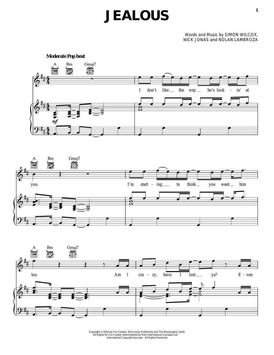 Jealous Piano, Vocal, Guitar scores gallery preview page 1