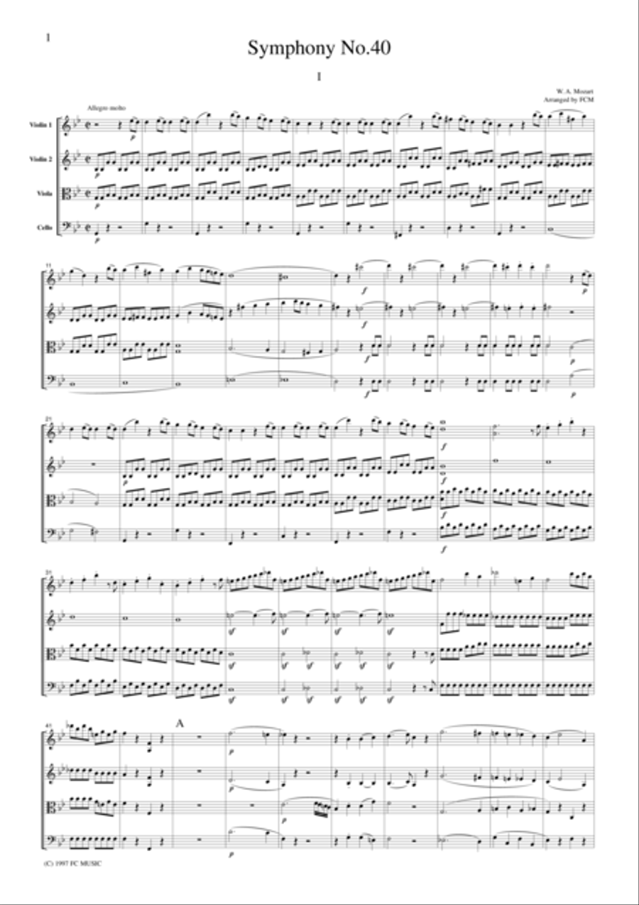 Mozart Symphony No.40, 1st mvt., for string quartet, CM001 String Quartet scores gallery preview page 1