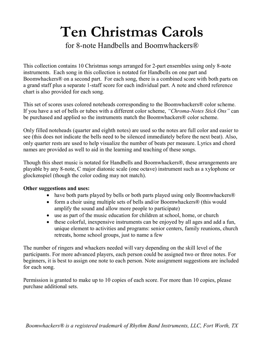 Ten Christmas Carols for 8-note Bells and Boomwhackers (with Color Coded Notes) Handbell Choir scores gallery preview page 3