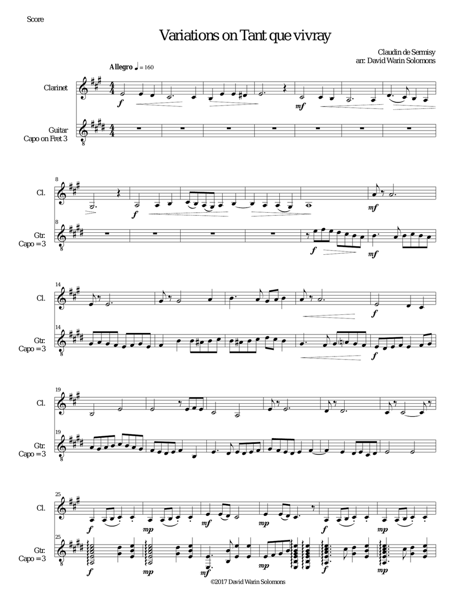 Variations on Tant que vivray for clarinet and guitar Clarinet scores gallery preview page 1