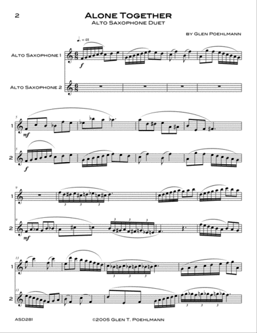 ALONE TOGETHER - original composition for SAXOPHONE DUET (any 2 like instruments) Woodwind Duet scores gallery preview page 1
