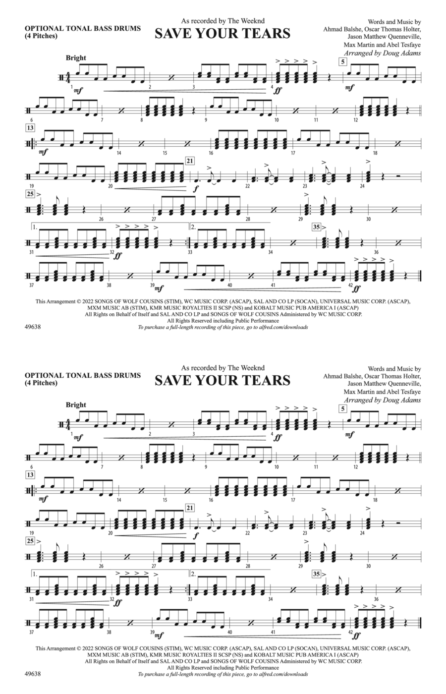 Save Your Tears: Tonal Bass Drum Marching Band scores gallery preview page 1