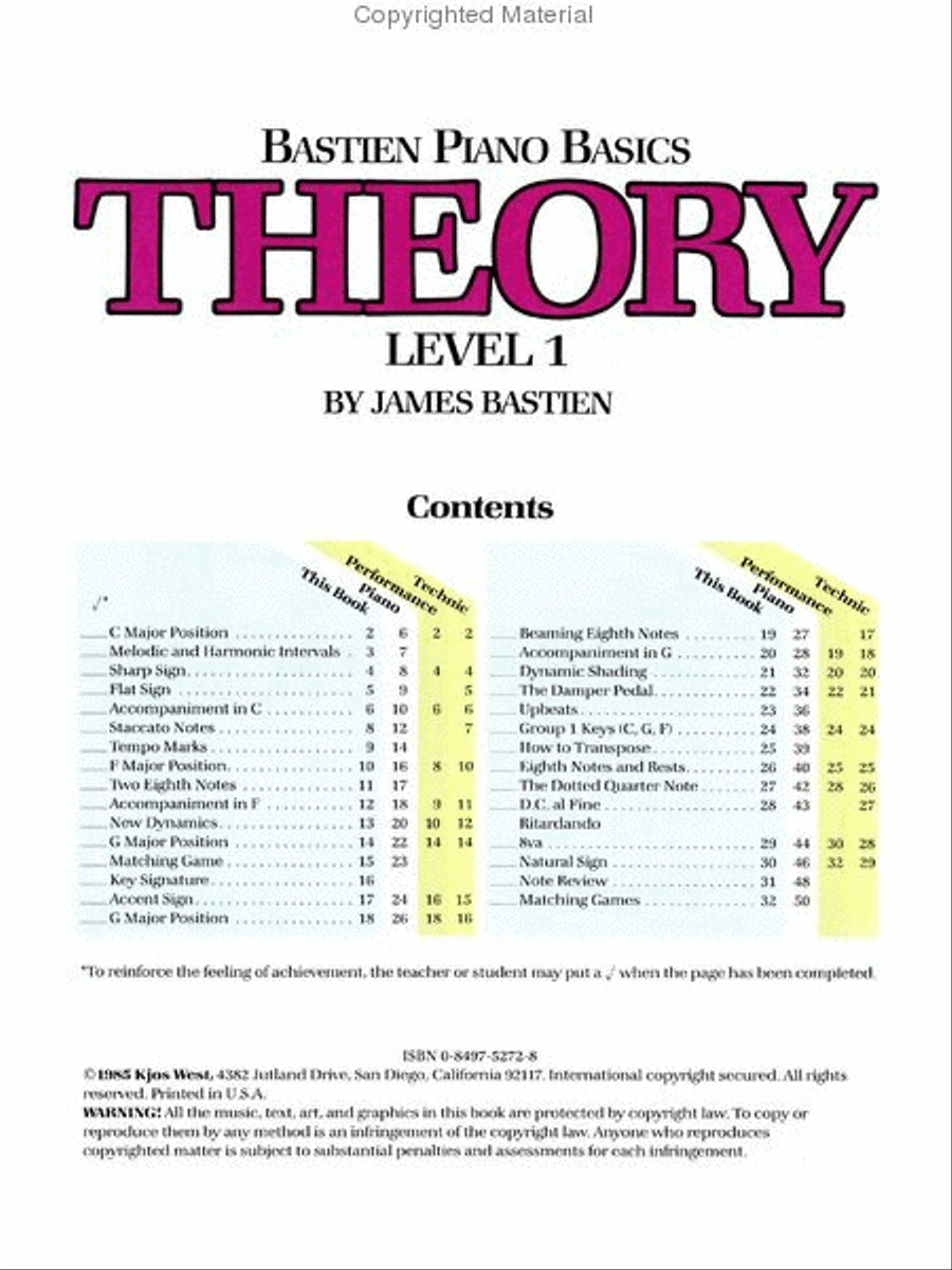 Bastien Piano Basics, Level 1, Theory