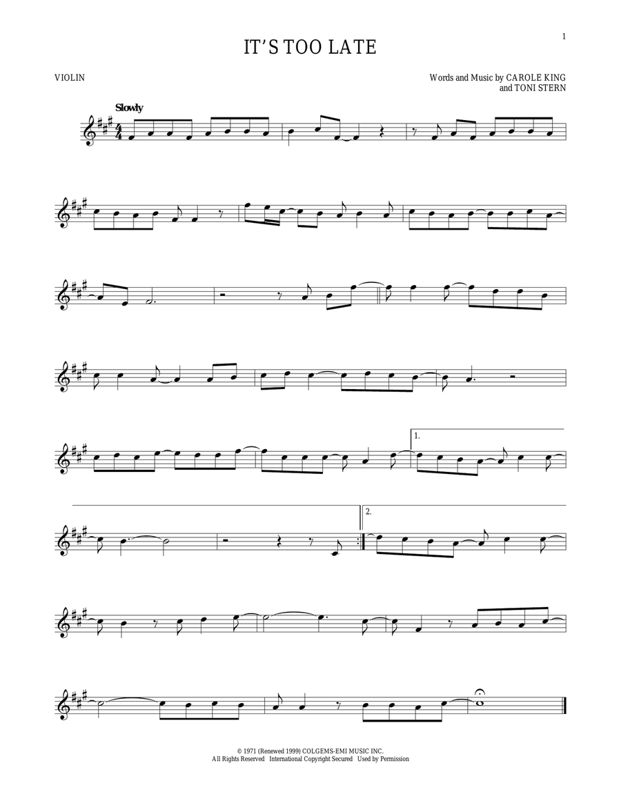 It's Too Late Violin Solo scores gallery preview page 1