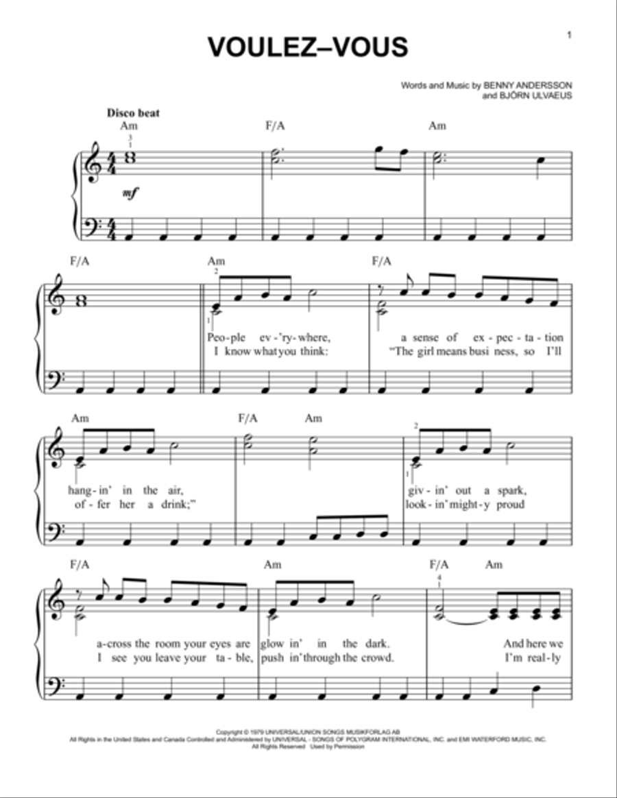 Voulez Vous Easy Piano scores gallery preview page 1