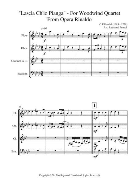 Lascia Ch'io Pianga - From Opera 'Rinaldo' - G.F. Handel (Flute, Oboe, Clarinet in B Flat and Bassoo image number null