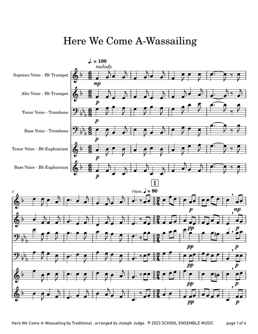 Here We Come A Wassailing for Brass Quartet in Schools Brass Quartet scores gallery preview page 1