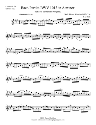 Book cover for Bach 1723 BWV 1013 Partita in 4 Movements for Alto, Tenor or Soprano Sax