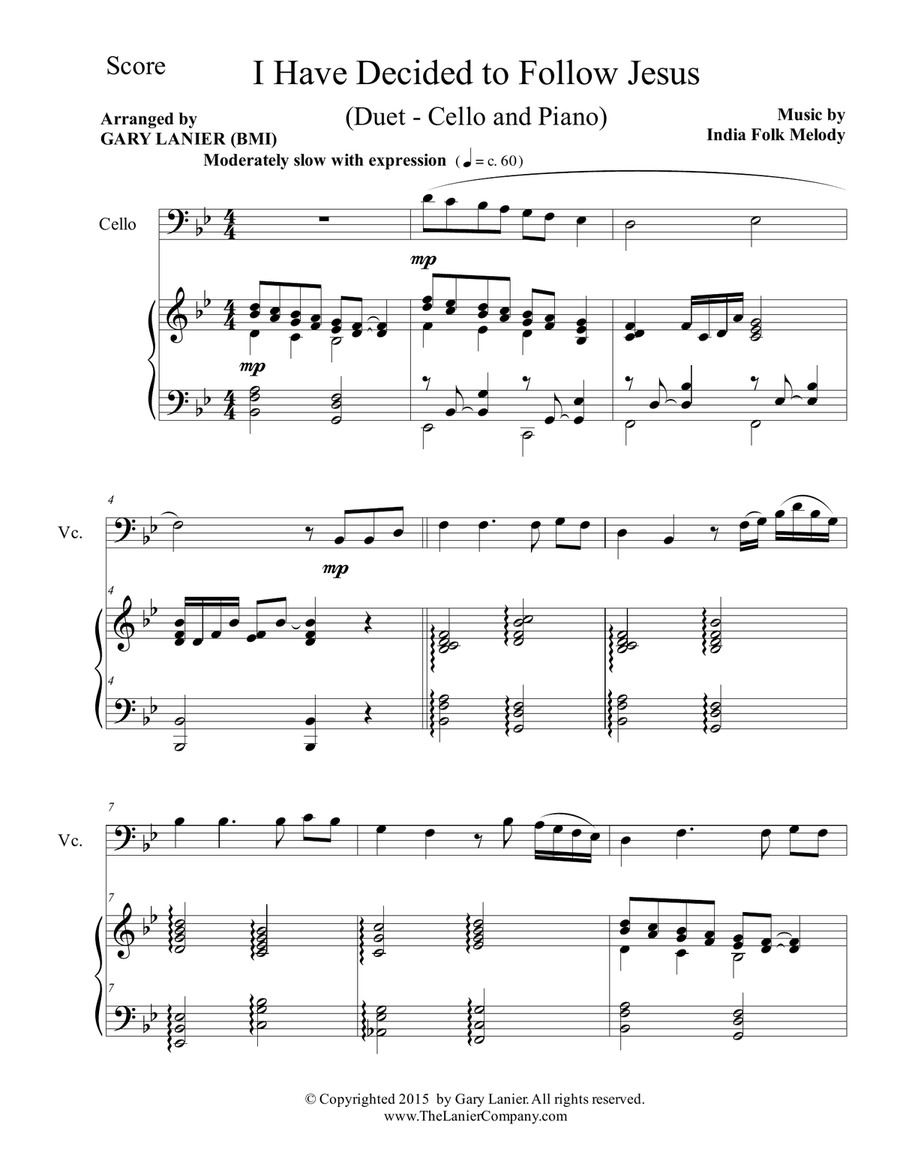 Gary Lanier: I HAVE DECIDED TO FOLLOW JESUS (Duet – Cello & Piano with Parts) Piano scores gallery preview page 2