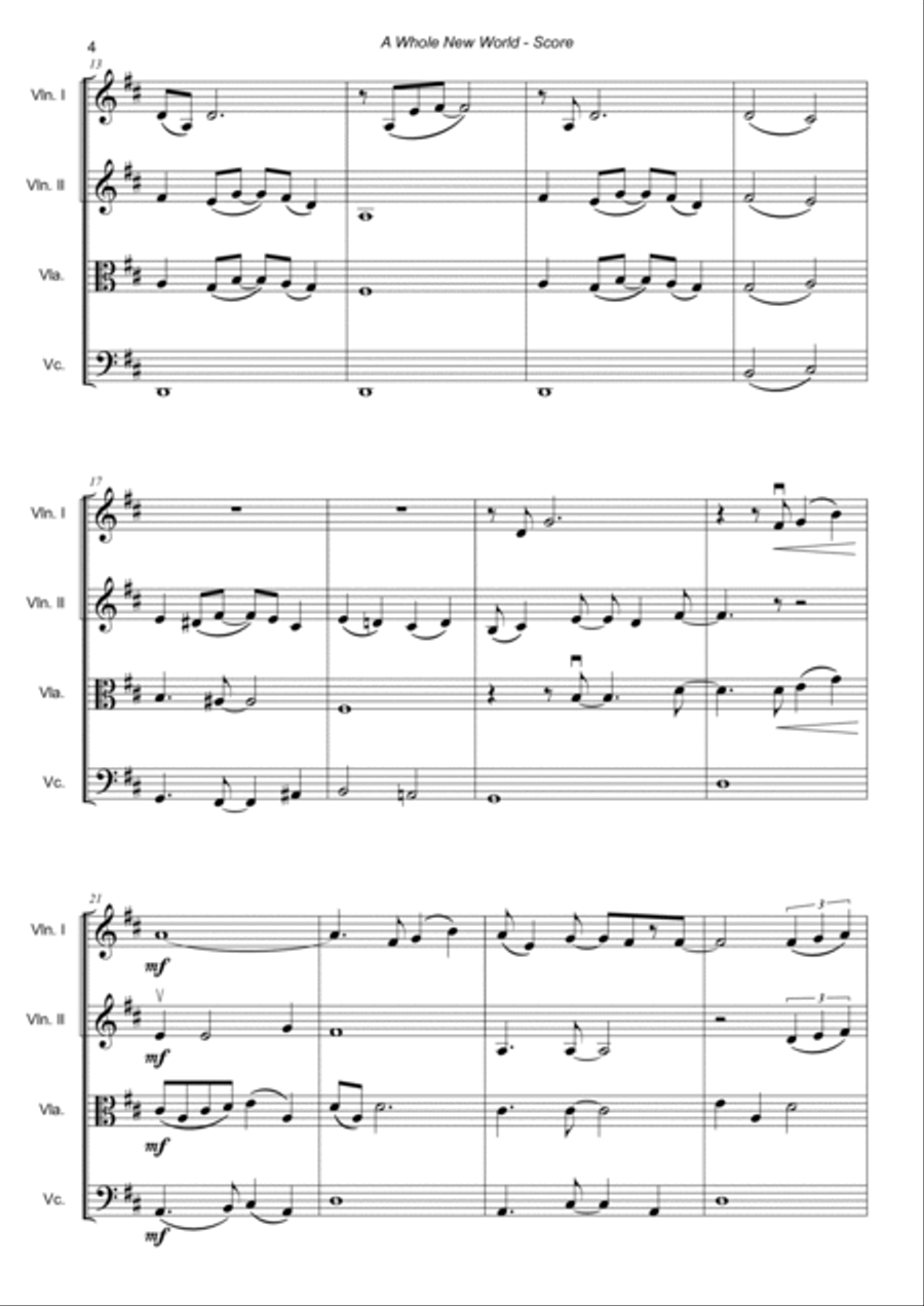A Whole New World (from 'Aladdin') String Quartet scores gallery preview page 4