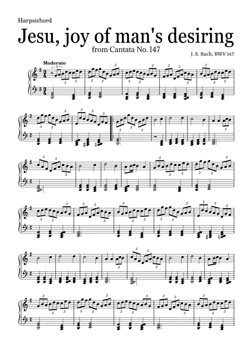 JESU, JOY OF MAN'S DESIRING by Bach - easy version for Harpsichord and chords image number null