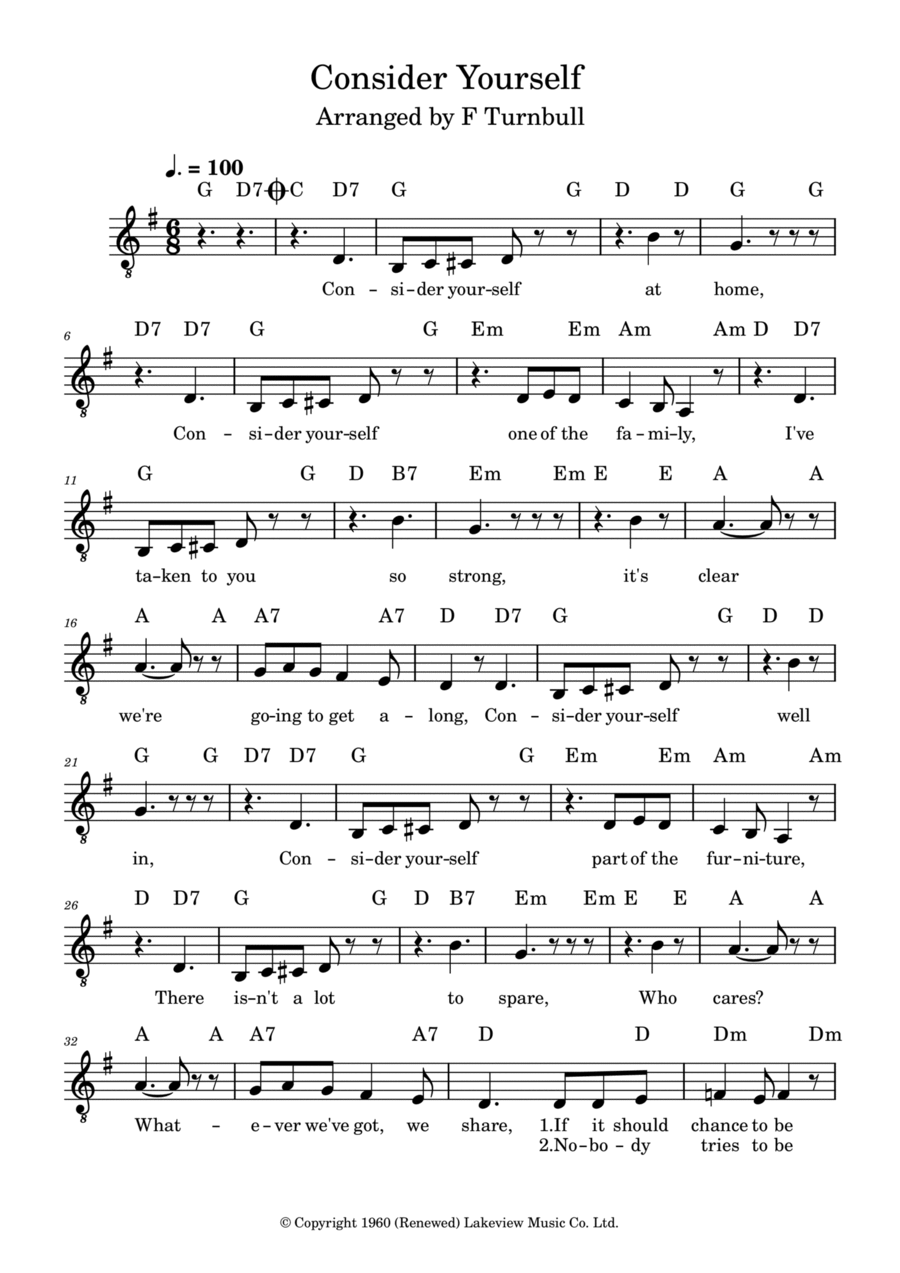 Consider Yourself Piano, Vocal, Guitar scores gallery preview page 1