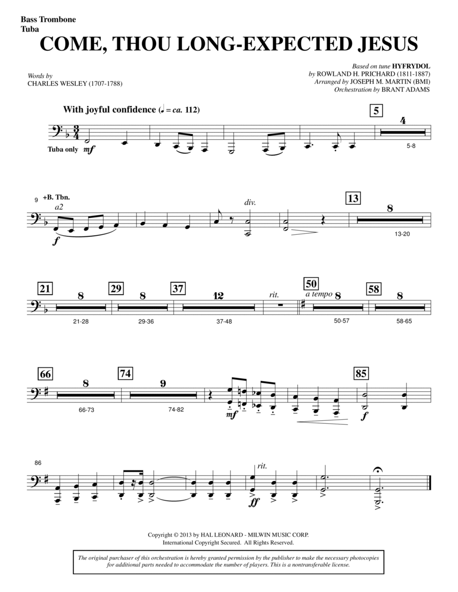 Come, Thou Long-expected Jesus (from A Symphony Of Carols) - Bass Trombone/Tuba Choir scores gallery preview page 1