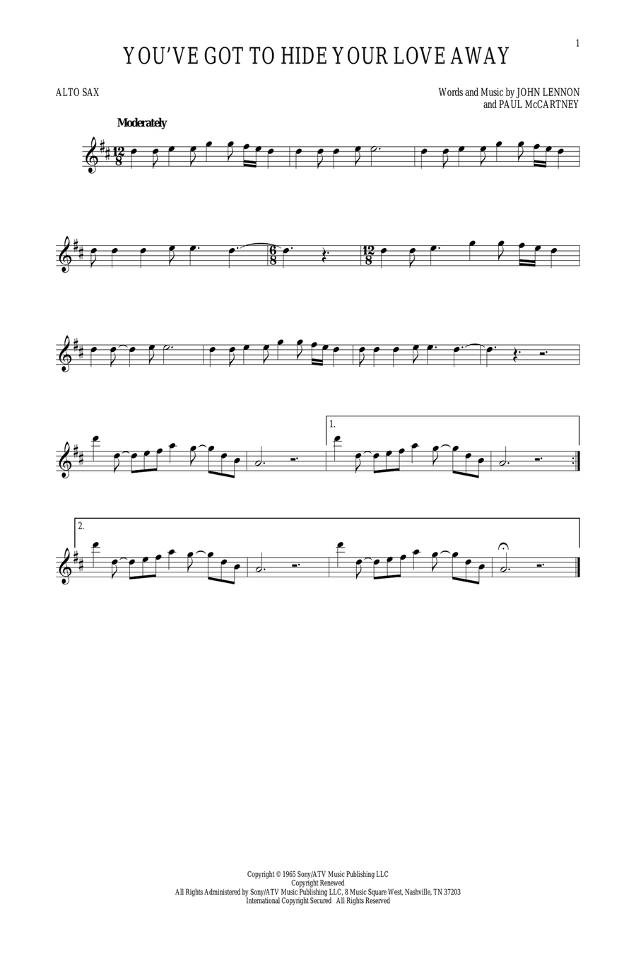 You've Got To Hide Your Love Away Alto Saxophone scores gallery preview page 1