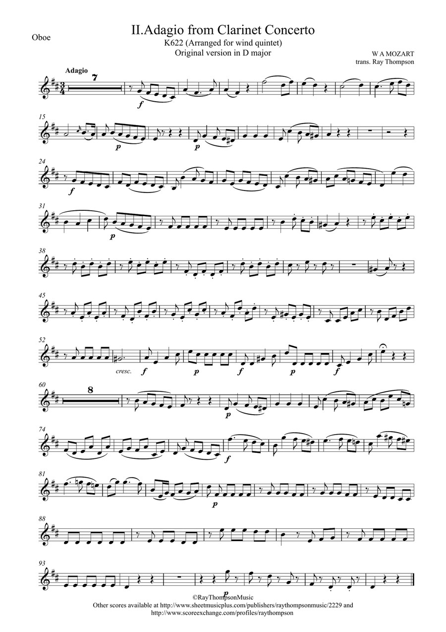 Mozart: Clarinet Concerto K622 Mvt.II Adagio (original key of D) - wind quintet (clarinet feature) Woodwind Quintet scores gallery preview page 6