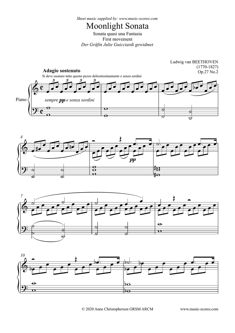 Moonlight Sonata 1st movement - A minor (higher) Piano Solo scores gallery preview page 1