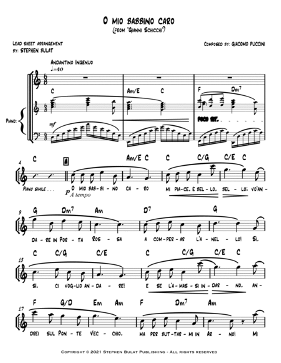O Mio Babbino Caro (Pavarotti) - Lead sheet (key of C) Large Ensemble scores gallery preview page 2