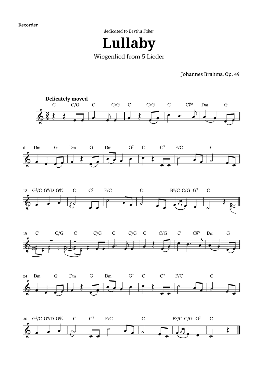 Wiegenlied (lullaby) by Brahms for Recorder and Chords Recorder scores gallery preview page 1