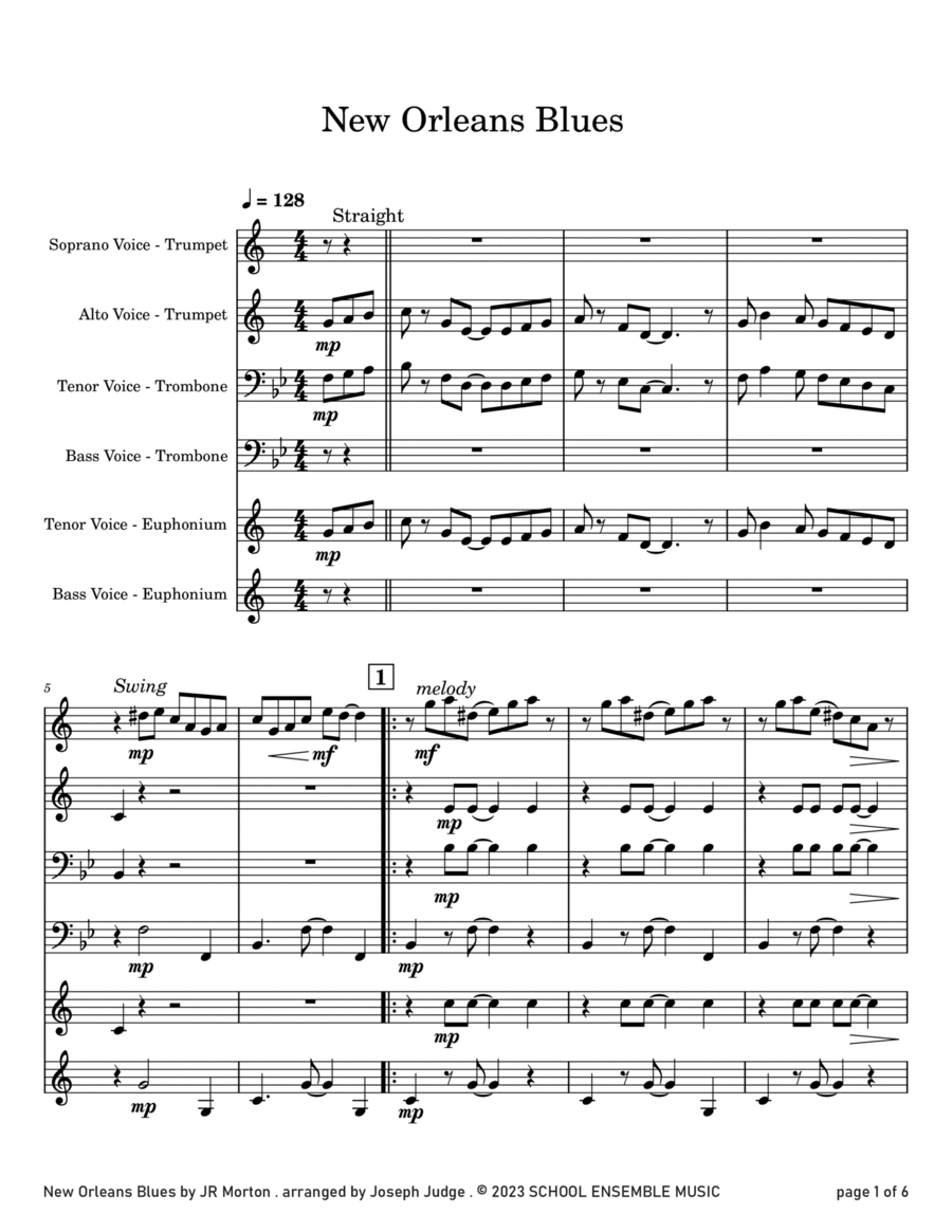 New Orleans Blues by JR Morton for Brass Quartet in Schools Brass Quartet scores gallery preview page 1