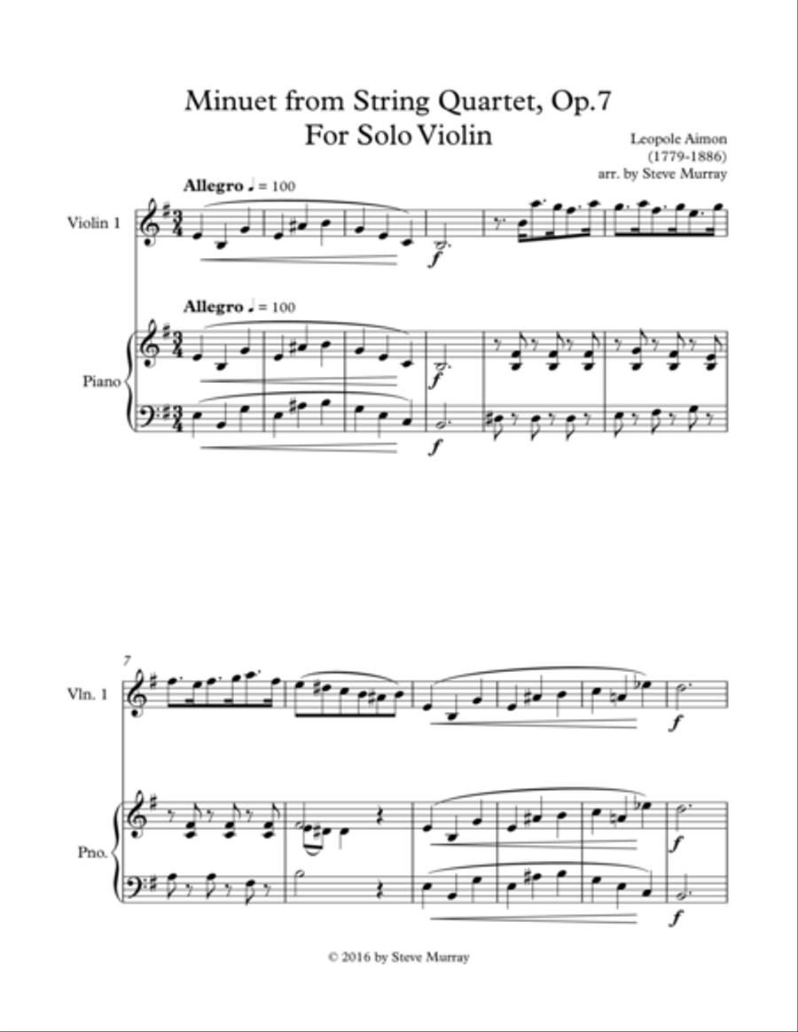 Minuet from String Quartet, Op 7 for Solo Violin image number null