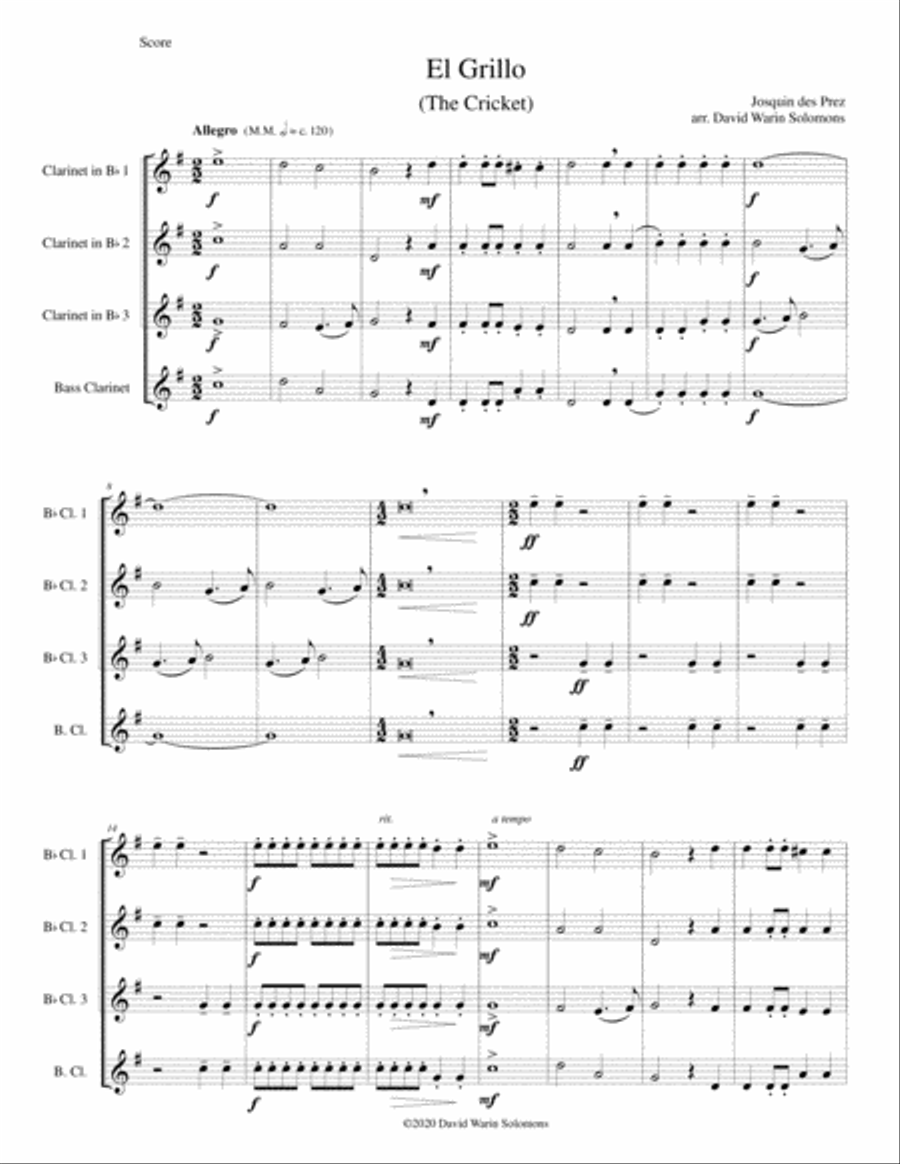 El Grillo (The cricket) - with decorations - for clarinet quartet Clarinet Quartet scores gallery preview page 1