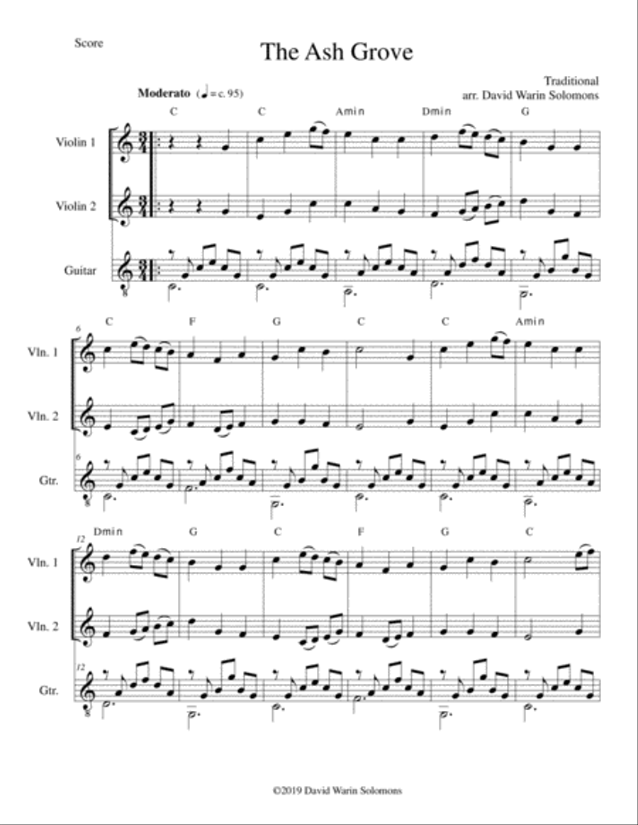 The Ash Grove (Llwyn Onn) for 2 violins and guitar String Duet scores gallery preview page 1