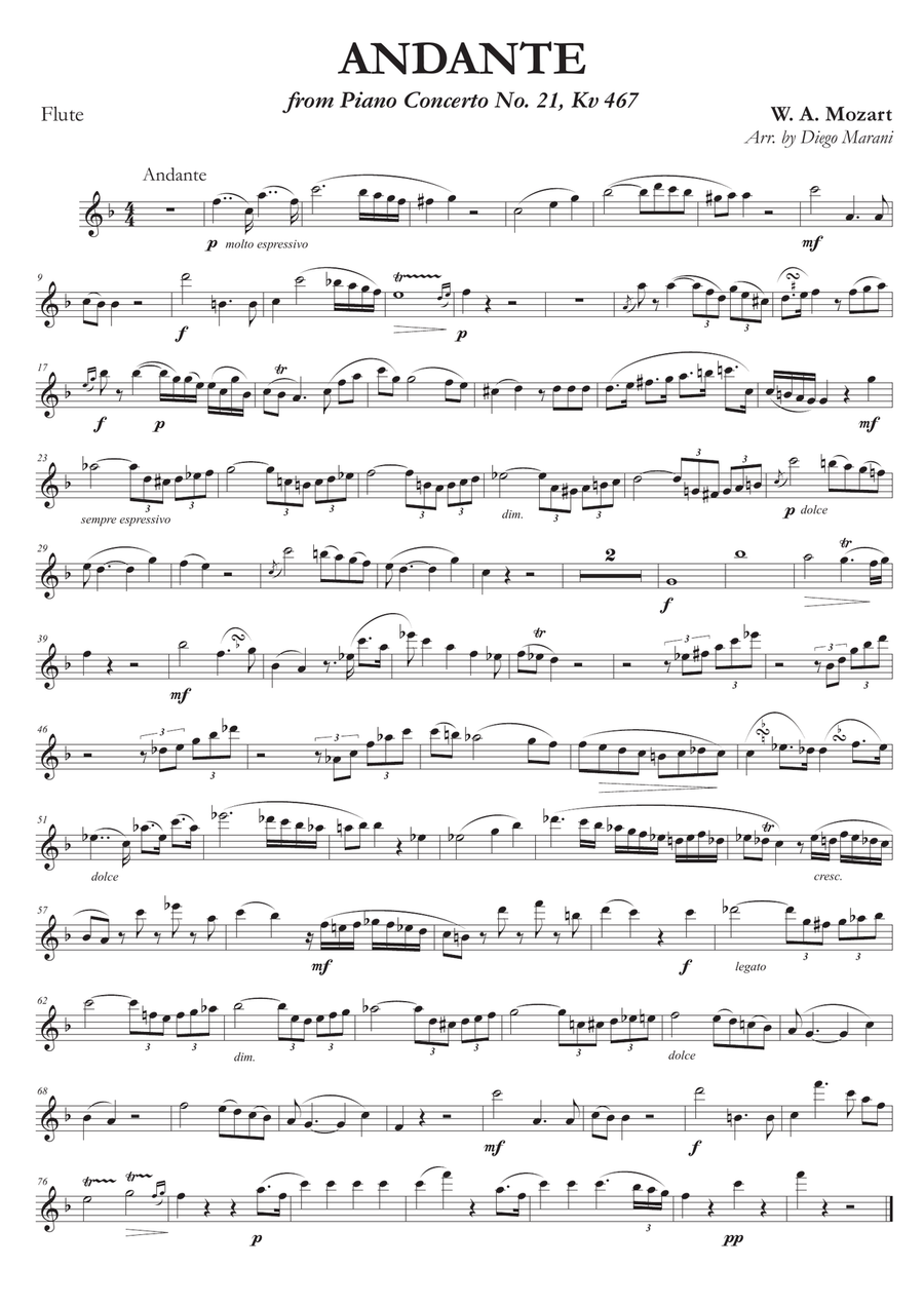 Andante from Concerto No. 21 for Flute and Piano Flute Solo scores gallery preview page 1
