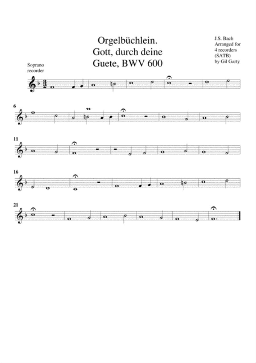 Gott, durch deine Guete, BWV 600 from Orgelbuechlein (arrangement for 4 recorders) Recorder scores gallery preview page 3