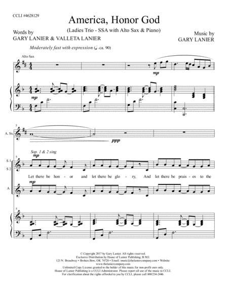 AMERICA, HONOR GOD (Ladies Trio - SSA with Alto Sax & Piano) image number null