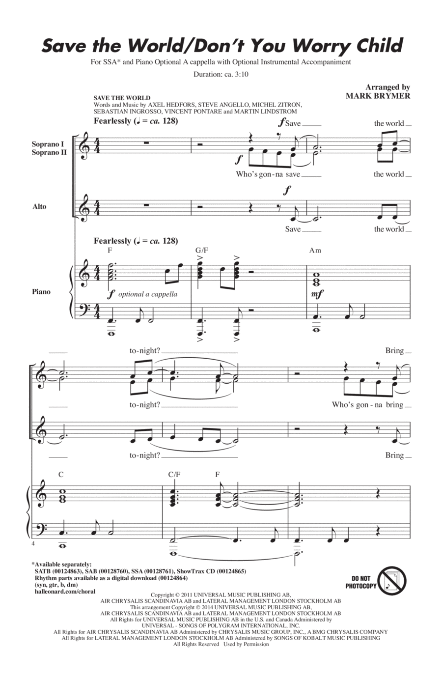 Save The World/Don't You Worry Child SSA scores gallery preview page 1