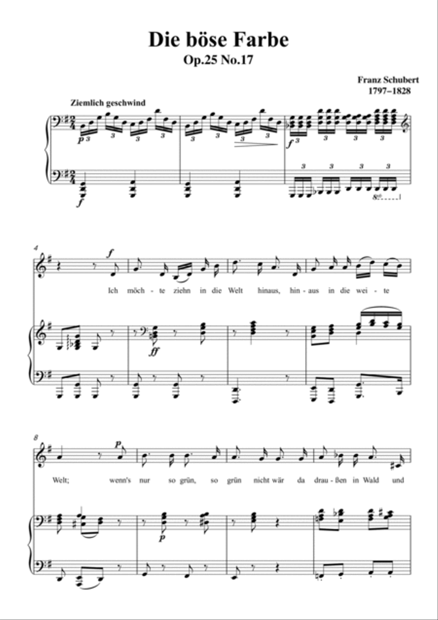 Schubert-Die böse Farbe,from 'Die Schöne Müllerin',Op.25 No.17 in G for Vocal and Piano Voice scores gallery preview page 2