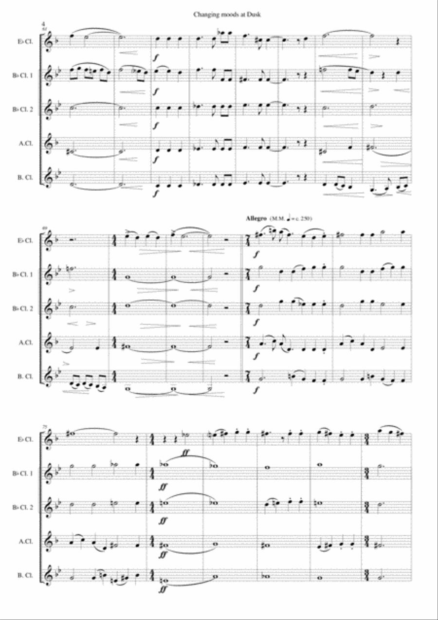Changing moods at dusk for clarinet quintet (E flat, 2 B flats, Alto, Bass) Clarinet Quintet scores gallery preview page 4